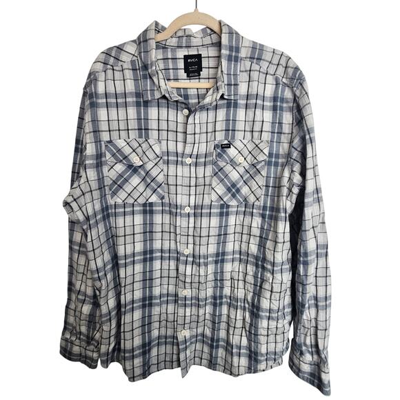 RVCA Mens Shirt Gray Plaid Long Sleeve Button Flannel Men XL Regular Fit - Picture 1 of 8